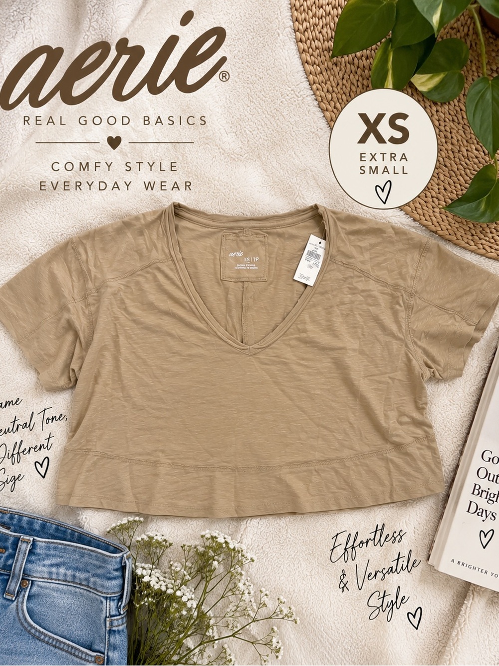 aerie Tan V-Neck Crop Tee
